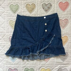 Allegra K Denim ruffle Y2K Jean mini skirt asymmetrical button size large
